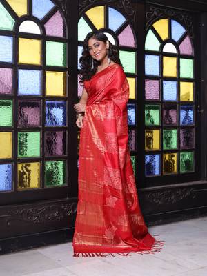 Red silk soft saree with zari borders 2