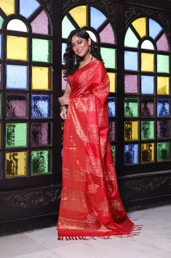 Red silk soft saree with zari borders