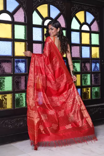 Red silk soft saree with zari borders