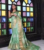 Sap green silk soft saree with zari borders