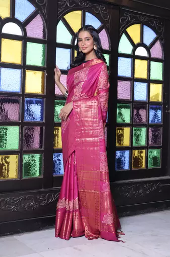 Purple silk soft saree with zari borders