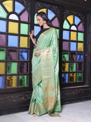 Sap green silk soft saree with zari borders 2