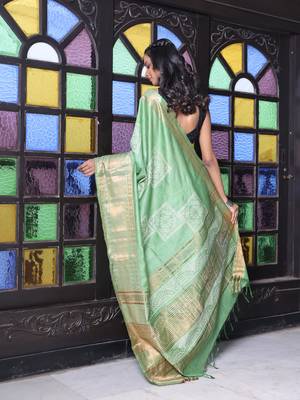Sap green silk soft saree with zari borders 3