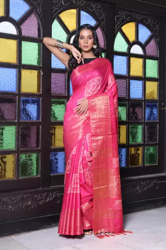 Pink silk soft saree with zari borders