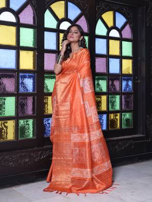 Orange silk soft saree with zari borders 2