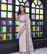 Ecru cotton handwoven saree with texture borders