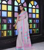 Ecru cotton handwoven saree with texture borders