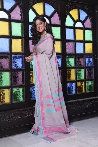 Ecru cotton handwoven saree with texture borders