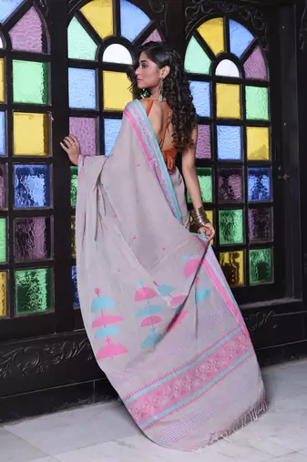 Ecru cotton handwoven saree with texture borders