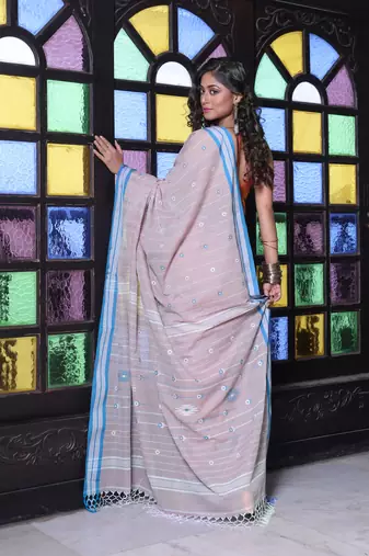 Ecru cotton handwoven saree with floral buttas