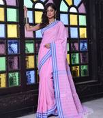 Pink cotton handwoven saree with floral buttas