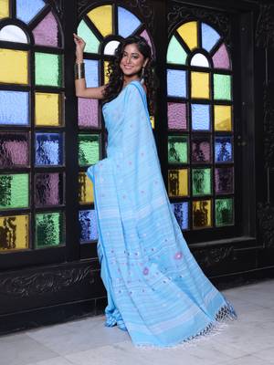 Sky blue cotton handwoven saree with floral buttas 2