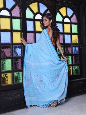 Sky blue cotton handwoven saree with floral buttas 3