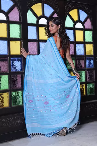 Sky blue cotton handwoven saree with floral buttas