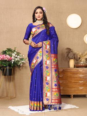 Blue Color Faux Banarasi Silk Saree With Paithani Rich Weaved Pallu And Blouse 1