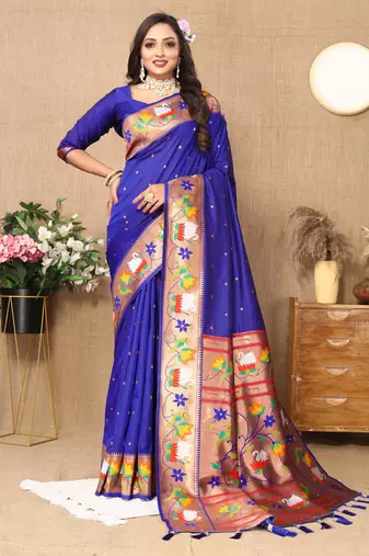 Blue Color Faux Banarasi Silk Saree With Paithani Rich Weaved Pallu And Blouse