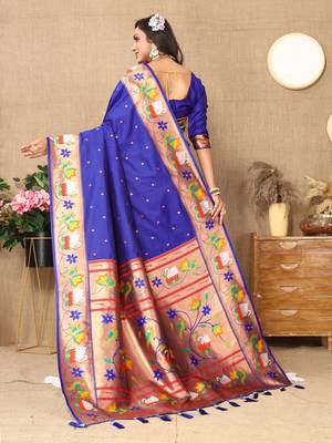 Blue Color Faux Banarasi Silk Saree With Paithani Rich Weaved Pallu And Blouse 4