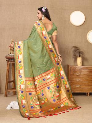 Mahendi Green Color Faux Banarasi Silk Saree With Paithani Rich Weaved Pallu And Blouse 3