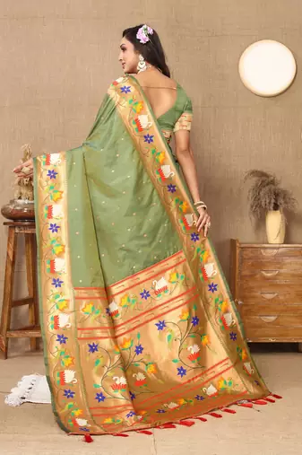 Mahendi Green Color Faux Banarasi Silk Saree With Paithani Rich Weaved Pallu And Blouse