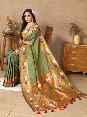 Mahendi Green Color Faux Banarasi Silk Saree With Paithani Rich Weaved Pallu And Blouse 4
