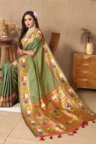 Mahendi Green Color Faux Banarasi Silk Saree With Paithani Rich Weaved Pallu And Blouse