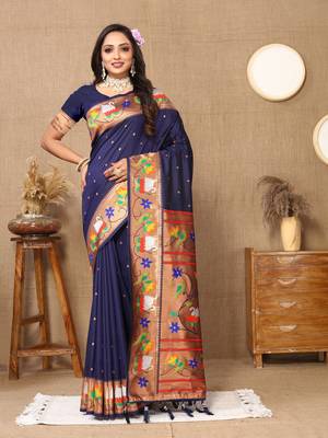 Navy Bllue Color Faux Banarasi Silk Saree With Paithani Rich Weaved Pallu And Blouse 1