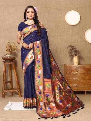 Navy Bllue Color Faux Banarasi Silk Saree With Paithani Rich Weaved Pallu And Blouse 2