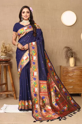 Navy Bllue Color Faux Banarasi Silk Saree With Paithani Rich Weaved Pallu And Blouse