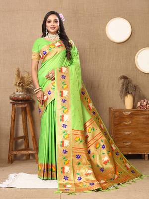 Pista Color Faux Banarasi Silk Saree With Paithani Rich Weaved Pallu And Blouse 1