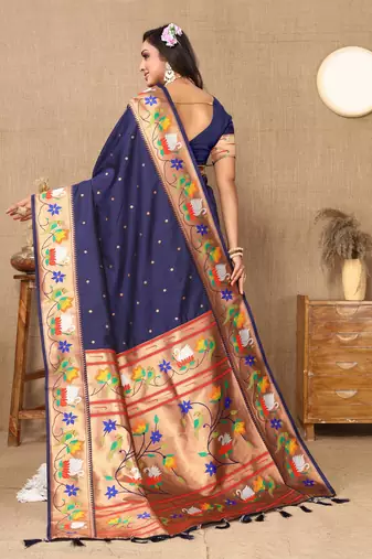Navy Bllue Color Faux Banarasi Silk Saree With Paithani Rich Weaved Pallu And Blouse
