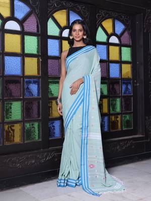 Pistachio green cotton handwoven saree with floral buttas 1