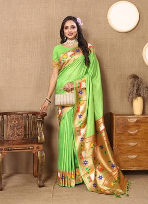 Pista Color Faux Banarasi Silk Saree With Paithani Rich Weaved Pallu And Blouse 2