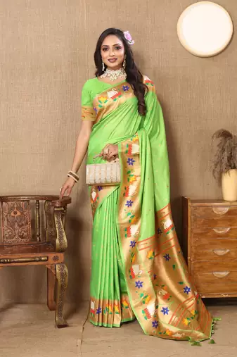 Pista Color Faux Banarasi Silk Saree With Paithani Rich Weaved Pallu And Blouse