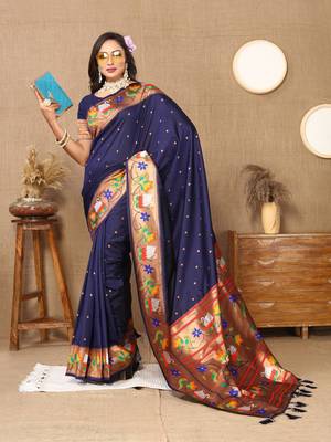 Navy Bllue Color Faux Banarasi Silk Saree With Paithani Rich Weaved Pallu And Blouse 4