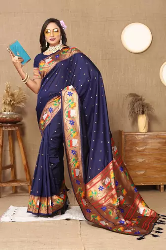 Navy Bllue Color Faux Banarasi Silk Saree With Paithani Rich Weaved Pallu And Blouse