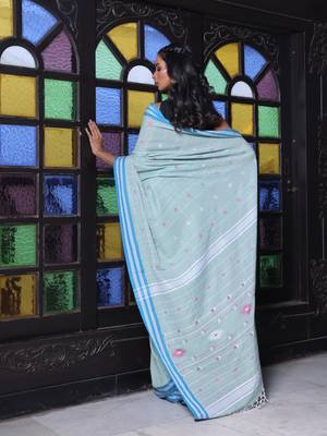 Pistachio green cotton handwoven saree with floral buttas 3