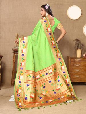 Pista Color Faux Banarasi Silk Saree With Paithani Rich Weaved Pallu And Blouse 4