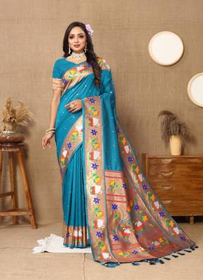 Sky Color Faux Banarasi Silk Saree With Paithani Rich Weaved Pallu And Blouse 2