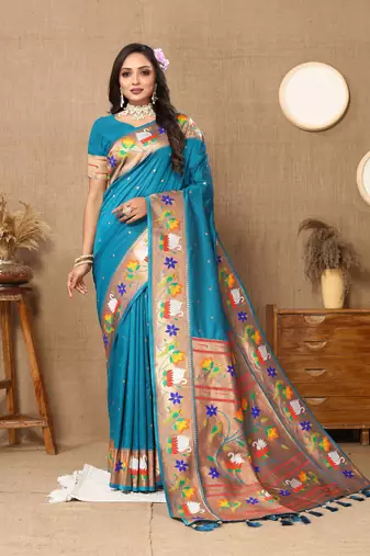 Sky Color Faux Banarasi Silk Saree With Paithani Rich Weaved Pallu And Blouse