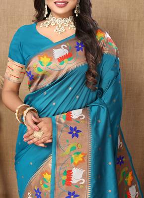 Sky Color Faux Banarasi Silk Saree With Paithani Rich Weaved Pallu And Blouse 3