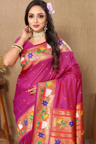 Rani Pink Pink Color Faux Banarasi Silk Saree With Paithani Rich Weaved Pallu And Blouse