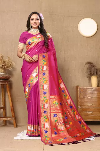 Rani Pink Pink Color Faux Banarasi Silk Saree With Paithani Rich Weaved Pallu And Blouse