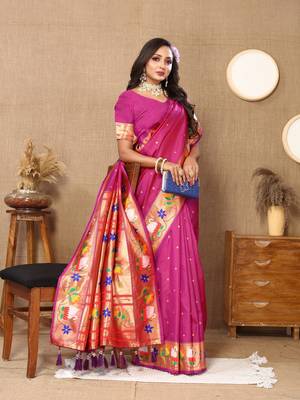 Rani Pink Pink Color Faux Banarasi Silk Saree With Paithani Rich Weaved Pallu And Blouse 4