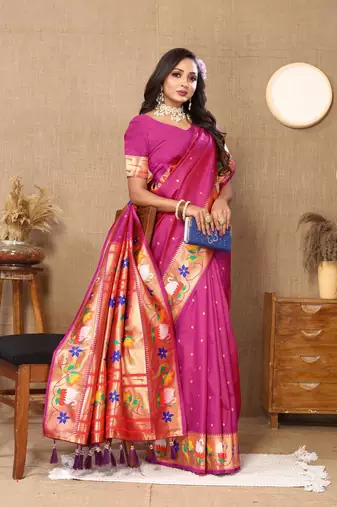 Rani Pink Pink Color Faux Banarasi Silk Saree With Paithani Rich Weaved Pallu And Blouse