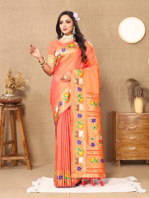 Orange Color Faux Banarasi Silk Saree With Paithani Rich Weaved Pallu And Blouse 1