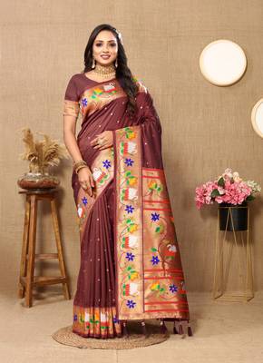 Cofee Color Faux Banarasi Silk Saree With Paithani Rich Weaved Pallu And Blouse 2