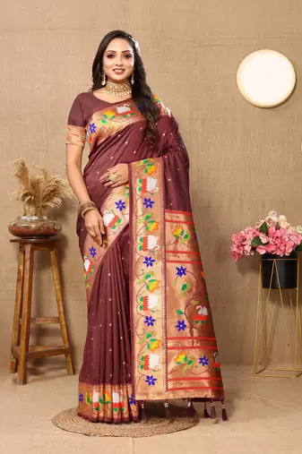 Cofee Color Faux Banarasi Silk Saree With Paithani Rich Weaved Pallu And Blouse