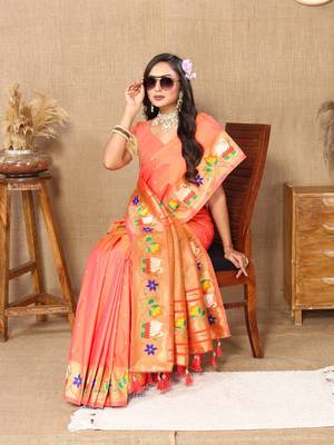 Orange Color Faux Banarasi Silk Saree With Paithani Rich Weaved Pallu And Blouse 4