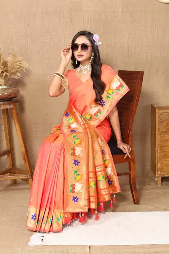 Orange Color Faux Banarasi Silk Saree With Paithani Rich Weaved Pallu And Blouse