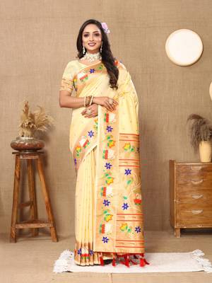 Cream Color Faux Banarasi Silk Saree With Paithani Rich Weaved Pallu And Blouse 1